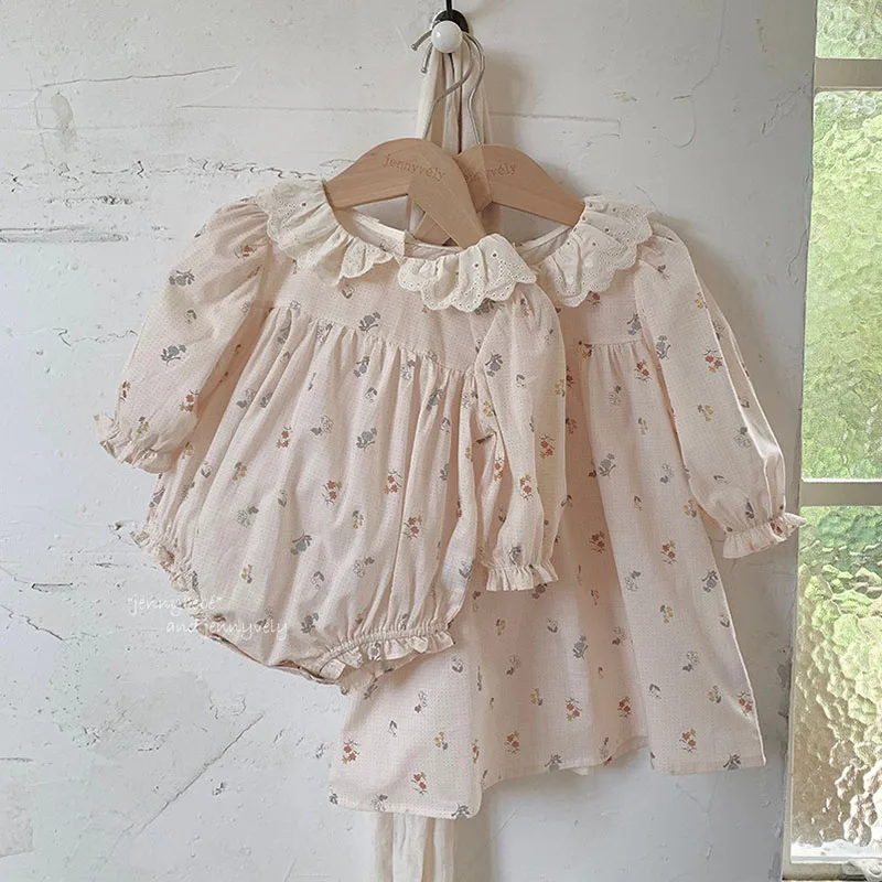2025 New Autumn Sister Dress 1-5Yrs Girl Party Dress Long Sleeved Cotton Print Baby Girl Romper Kids Princess Dresses