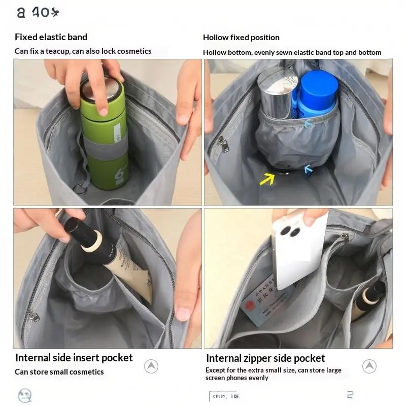 Vintage Kosmetik-Organizer-Einsatztasche mit Reißverschluss, mehrere Taschen, einfarbig, multifunktionale Tasche für Damen – Detail 15