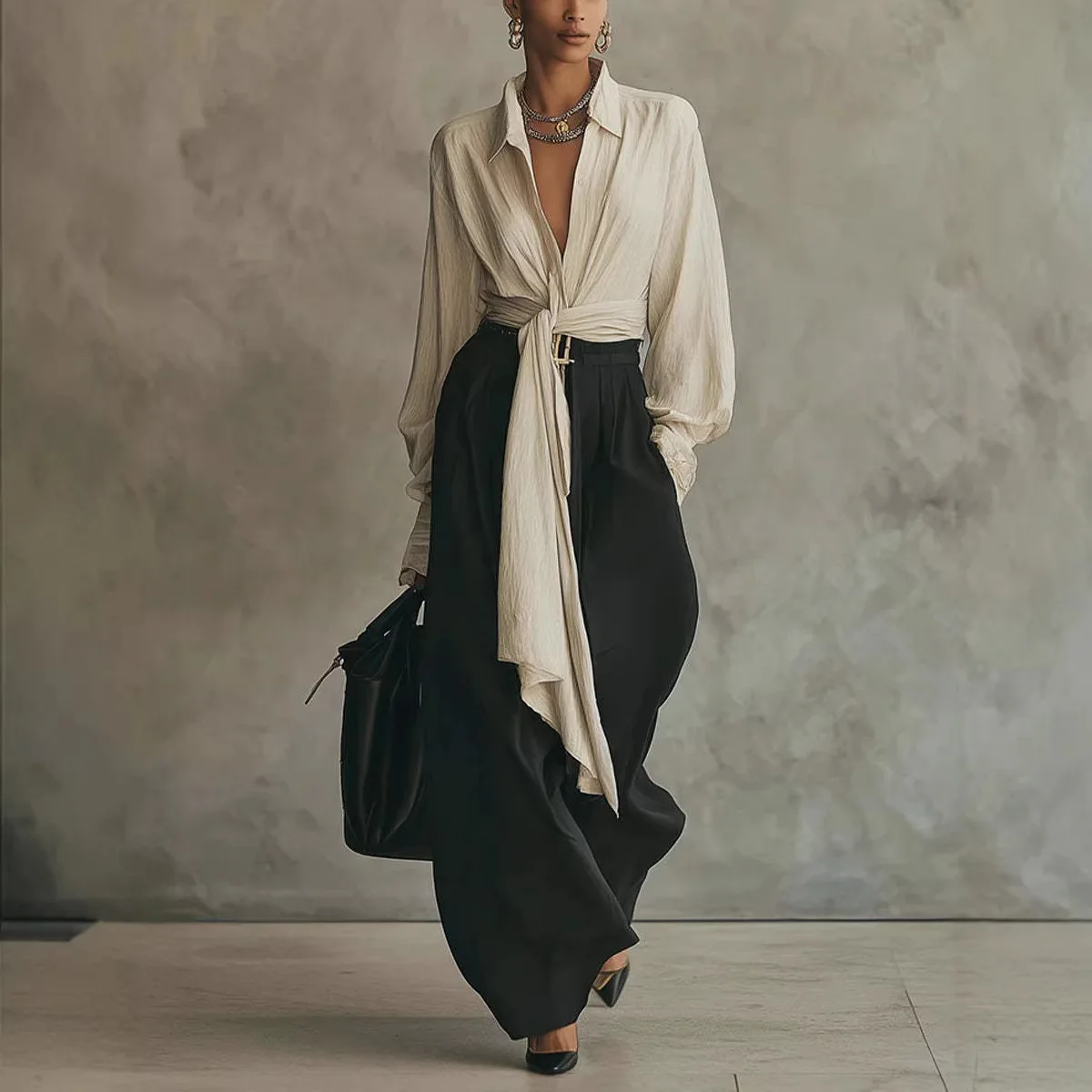 

Women's Leg Pants Sets Fashion High Waist V-neck Color Blocking Back Hollow Long Sleeved Irregular Shirt+trousers 2 Piece Sets