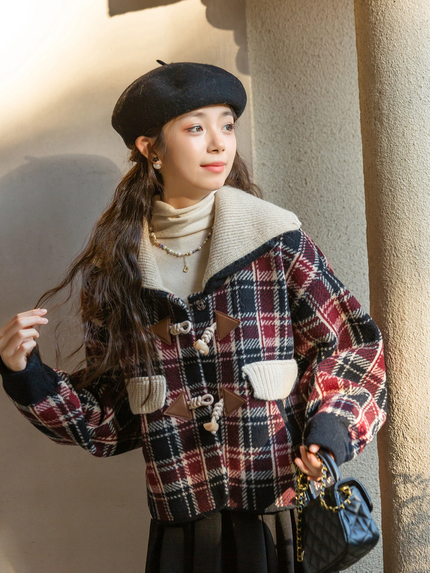 

Retro Red Plaid Woolen Coat ort Collar Button down Fem Outerwear Autumn Winter Small Size Youth Faion Commute Sle