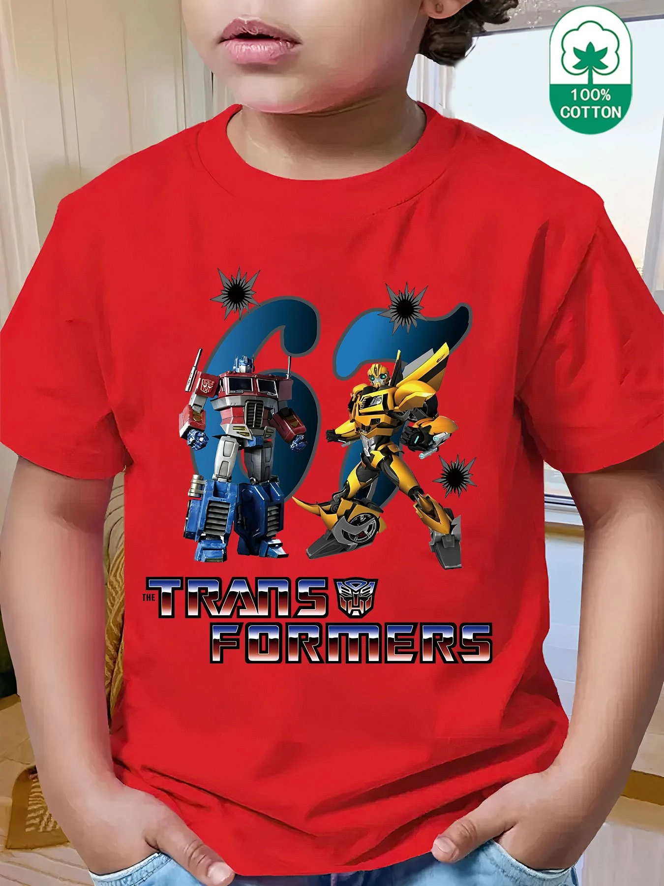 Transformers animados "Optimus Prime y Bumblebee" 67 números camiseta con estampado creativo, moda casual cuello redondo
