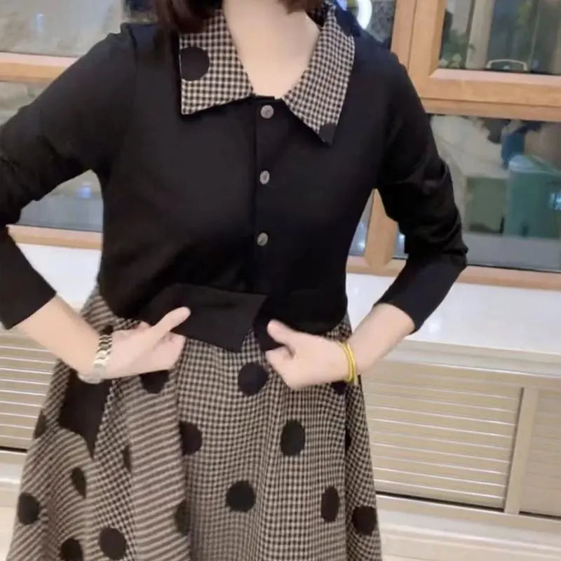 Sweet Polka Dot Printed Dresses Fake Two Pieces Spliced Pockets Spring Autumn Female Clothing Turn-down Collar Button Mini Dress