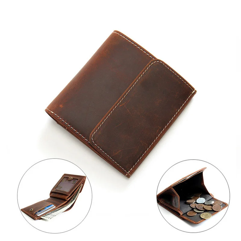 

100% Genuine Leather Wallet For Men Male Crazy Horse Vintage Handmade Short Bifold Purse Card Holder With Coin Pocket