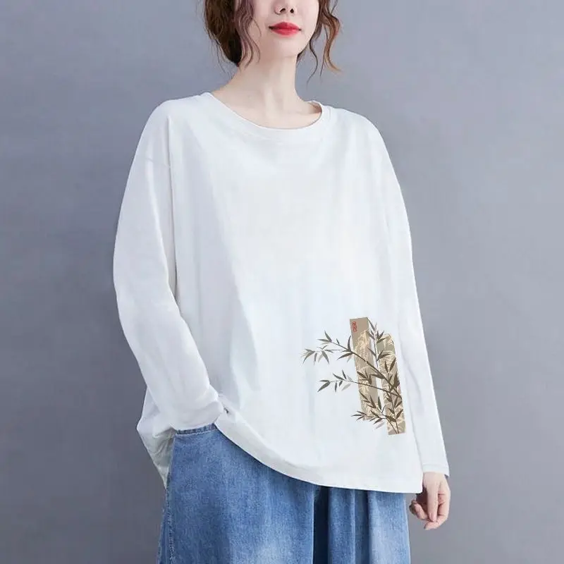 T-shirt da donna a maniche lunghe in cotone, girocollo ampio, top casual stampato