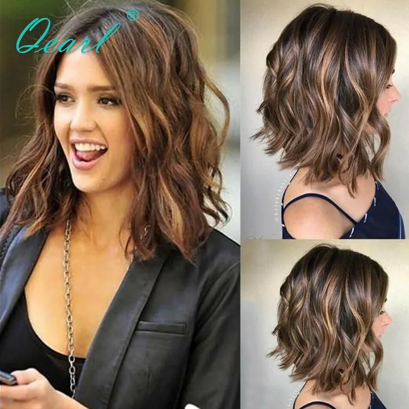 Ombre curto bob ondulado cabelo humano perucas dianteiras do laço hd invisível 13x4 peruca frontal do laço para as mulheres marrom mel loira destaques qearl