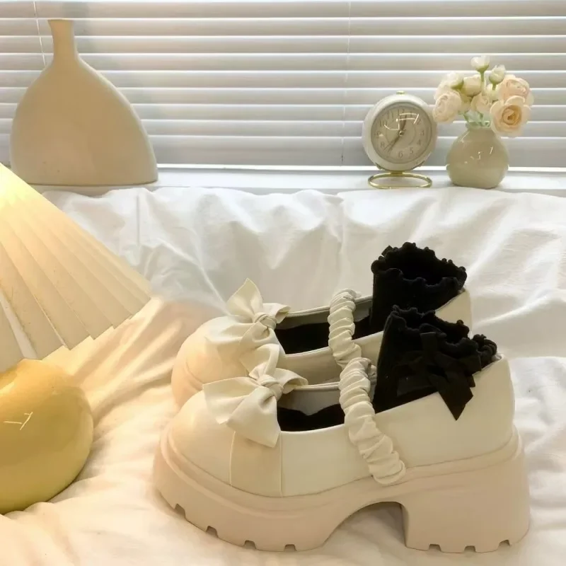 Chunky Platform High Heels Pumps Women Summer 2024 Leather Bow Mary Jane Shoes Woman Thick Heeled Off White Black Lolita Shoes