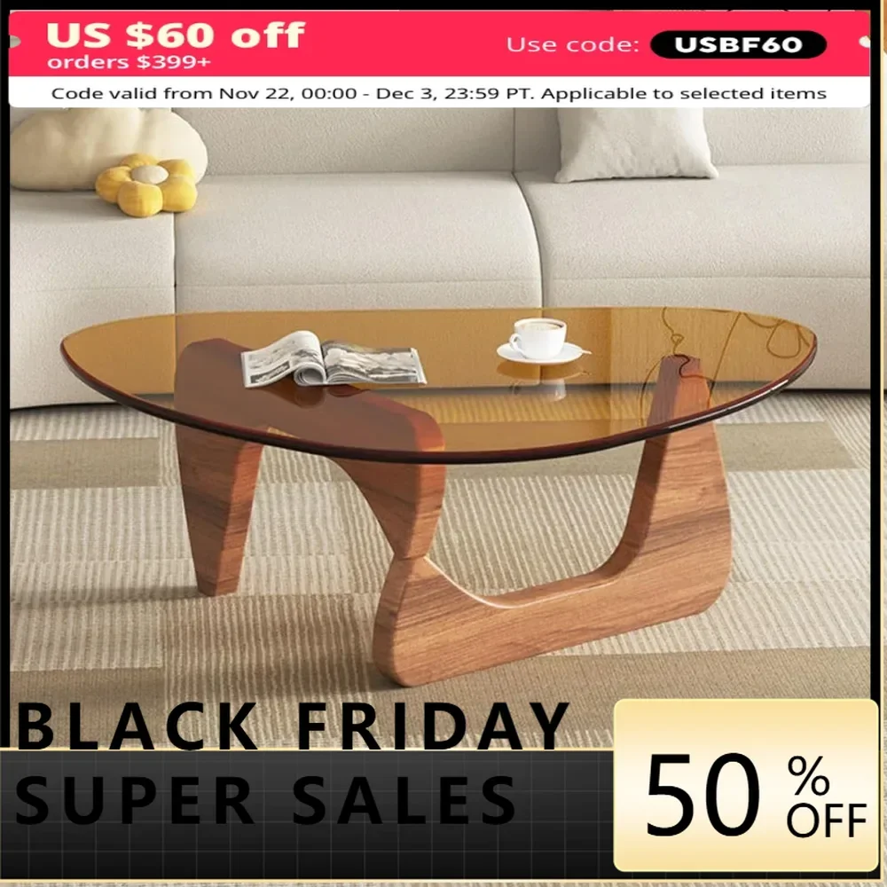 Modern Coffee Table -Triangle Glass Top Natural Wood Base Triangle Coffee Table for Living Room Patio Office Abstract End Tables