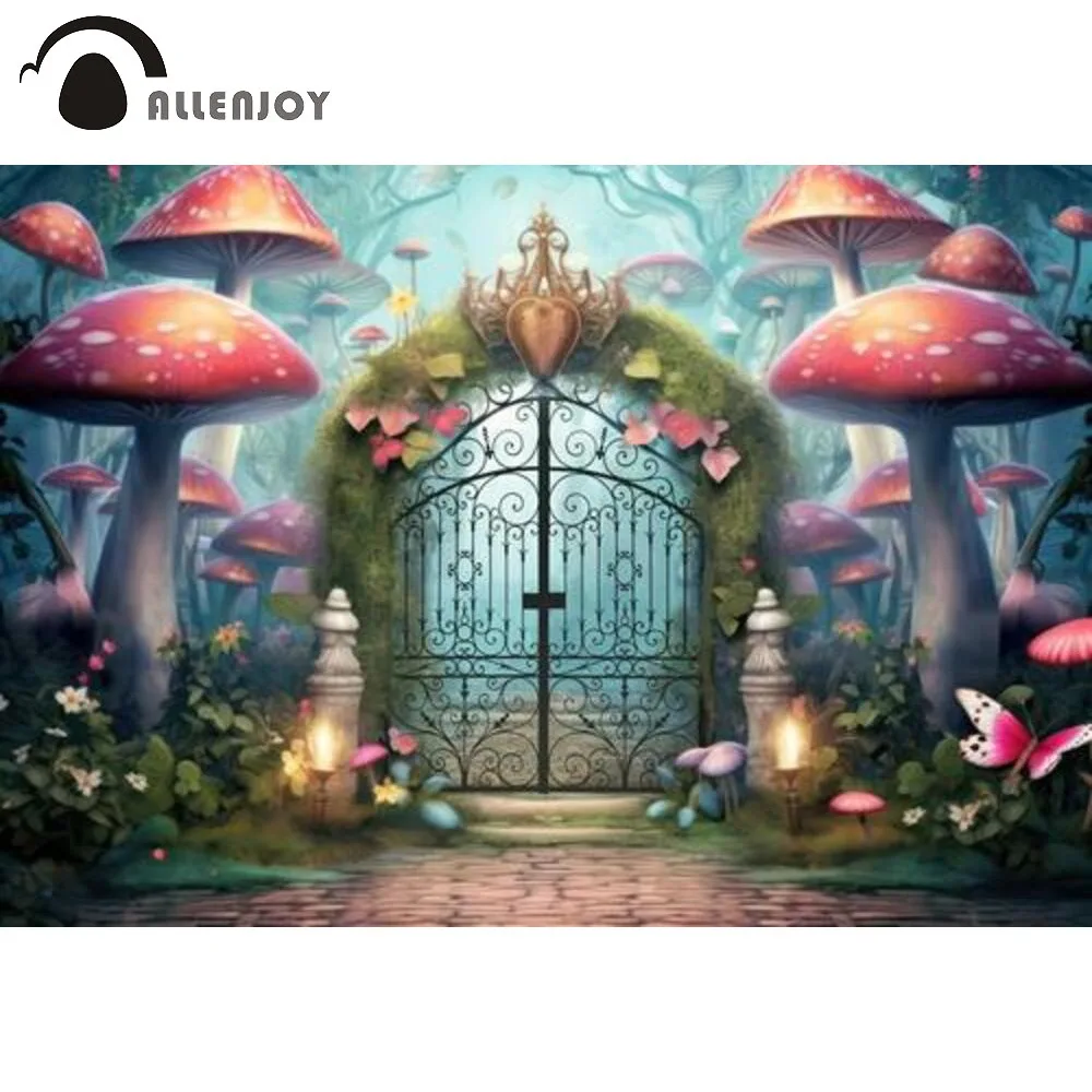 

Allenjoy Fairy Forest Gate Photography Backdrop Magical Mysterious Fantasy Mushrooms and Flowers Photoshoot Background