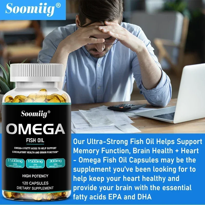 Soomiig High Potency Omega 3 Fish Oil - 120 Softgels - EPA 1500 Mg DHA 1500 Mg DPA 300 Mg Non-GMO Gluten Free Dietary Supplement