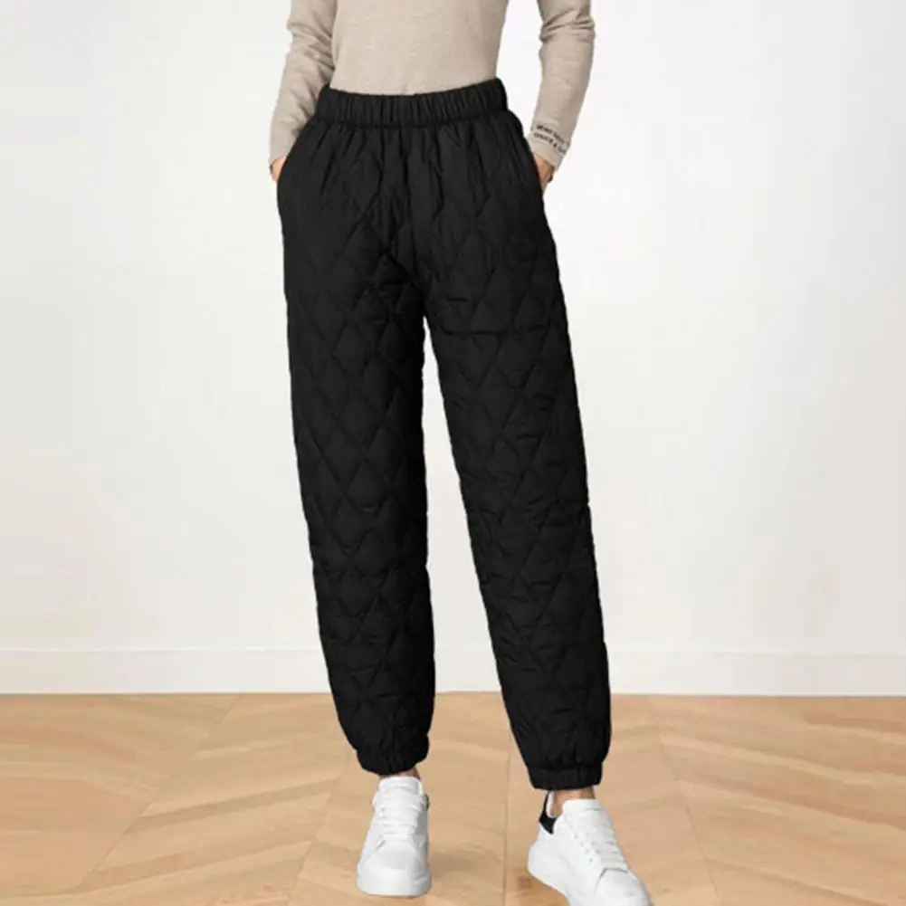 Women Winter Warm Pants Elastic High Waist Quilted Pants Diamond-shaped Texture Design Thickened Warm Sweatpants