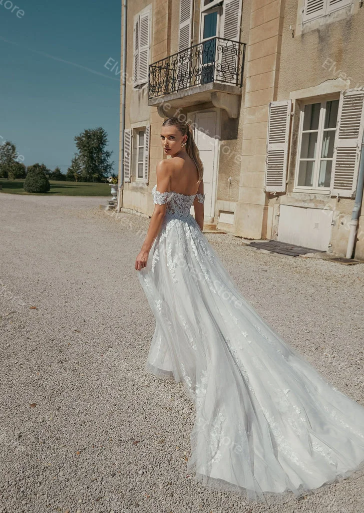 Romântico uma linha vestidos de casamento fora do ombro rendas apliques vestidos de noiva encantador trem longo feito sob encomenda vestidos de mariee