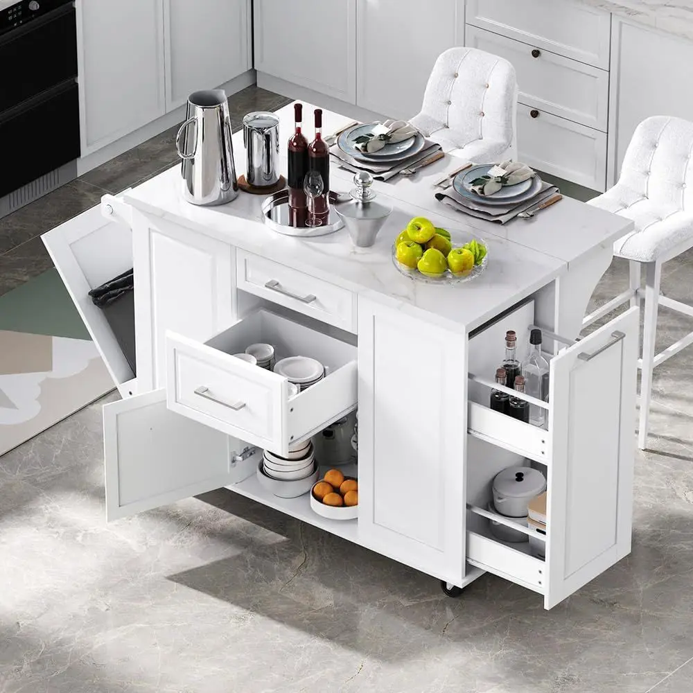 

White 50.7 Rolling Kitchen Island with Trash Bin, Drop Leaf, and 2 Drawers Storage Cabinet