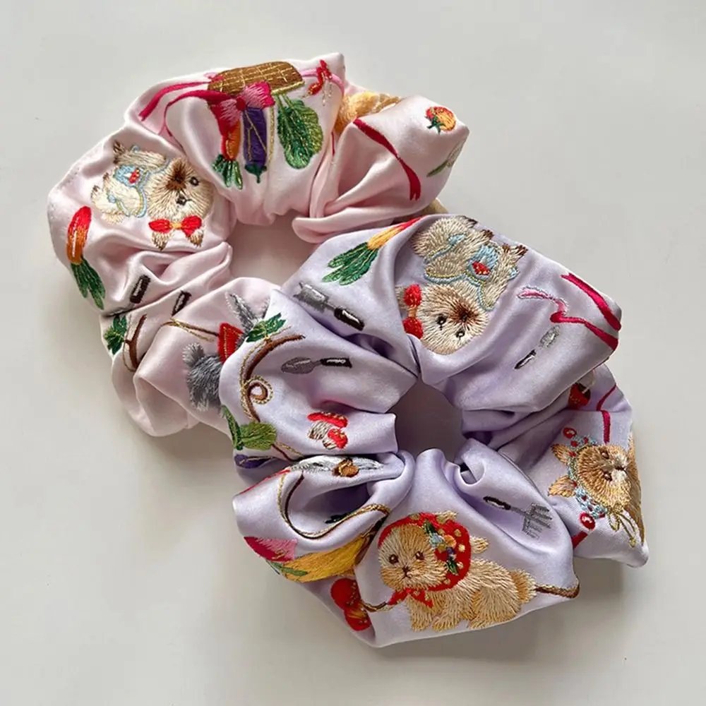 Estilo pastoral cetim elástico scrunchies floral estilo coreano bordado coelho faixa de cabelo acessórios para o cabelo titular rabo de cavalo