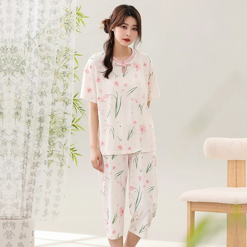 2024 Summer Chinese Style Lyocell Short Sleeve Calf Length Pants Pajama Sets for Women Cute Sleepwear Suit Homewear Home Clothes