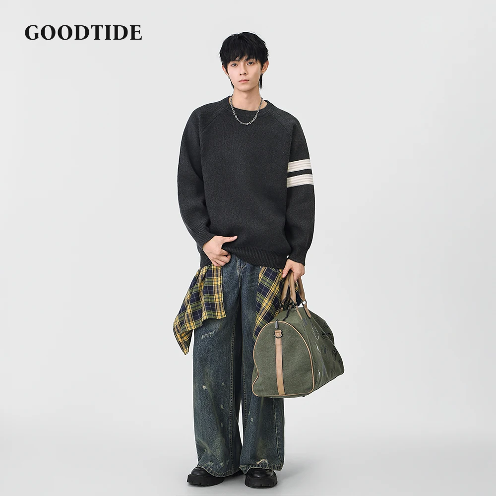 2025 Winter Fashion Men's Casual Crew Neck Sweater Stripe Sleeve Raglan Sleeve Knitted Pullover Soft Long Sleeve Jumper Top