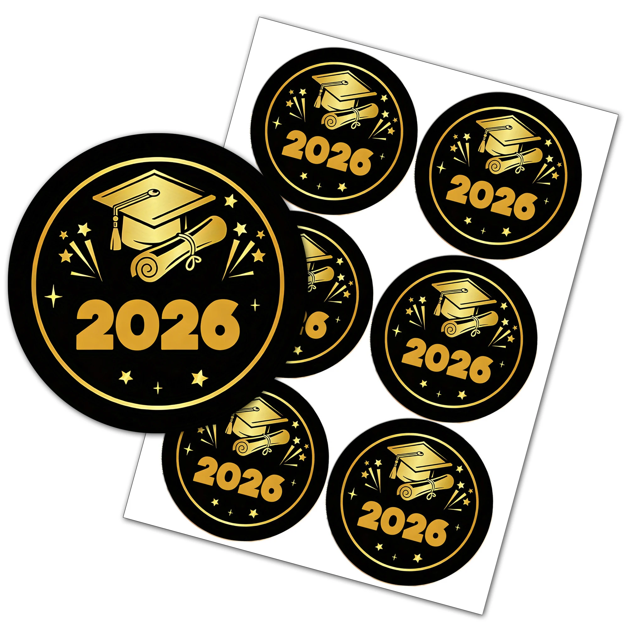 120 szt. Naklejki na ukończenie szkoły 2026, złote, okrągłe, samoprzylepne etykiety, naklejki dekoracyjne z motywem czapki absolwenta i dyplomu, na przyjęcie z okazji ukończenia szkoły, prezent.