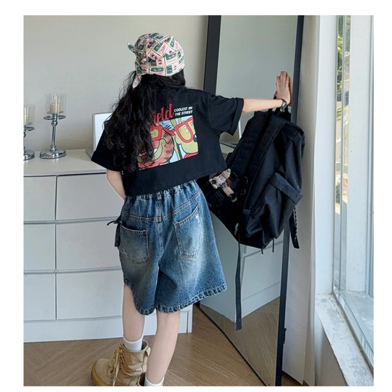 Girls Casual Korean Version Alphabet T-Shirt Loose Ripped Denim Pants Two-piece Set Children's Summer Suit 2026 New