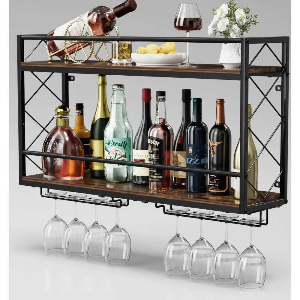 

2-Tier Wall Mounted Wine Rack with Glass Holder, Anti-Drop Crossbar, 31.5" Metal Wood Display for Home Kitchen Bar