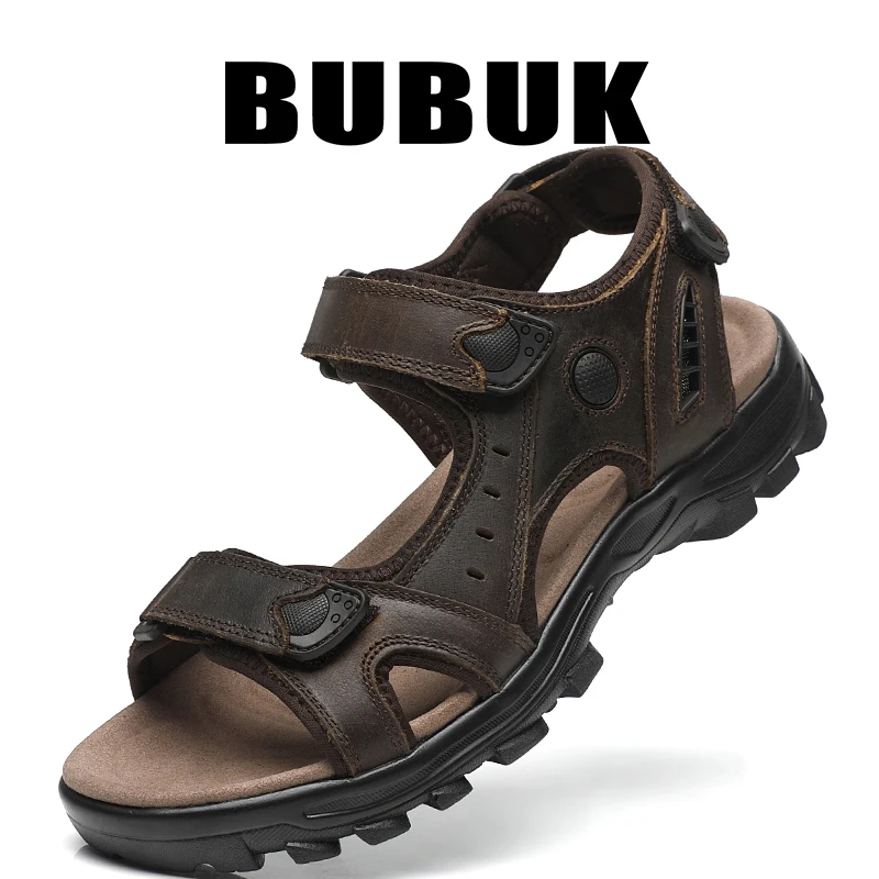 

BUBUK first-layer cowhide men's outdoor casual sandals, adjustable four-season comfortable flat beach shoes, casual creek shoes