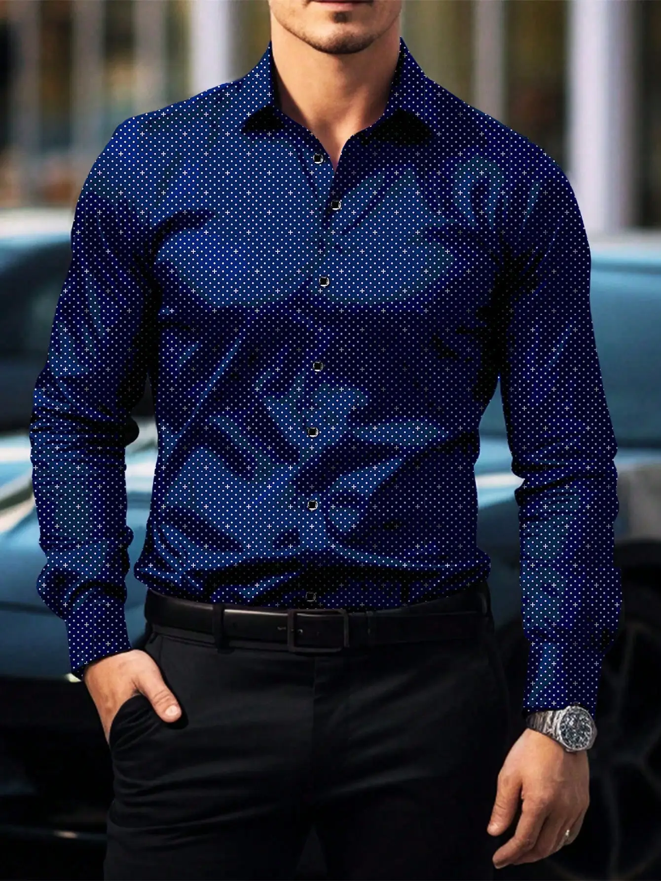 

Men's Slim-Fit Long Sleeve Button-Up Shirt with Polka Dot Pattern, Navy Blue, Casual Business Wear