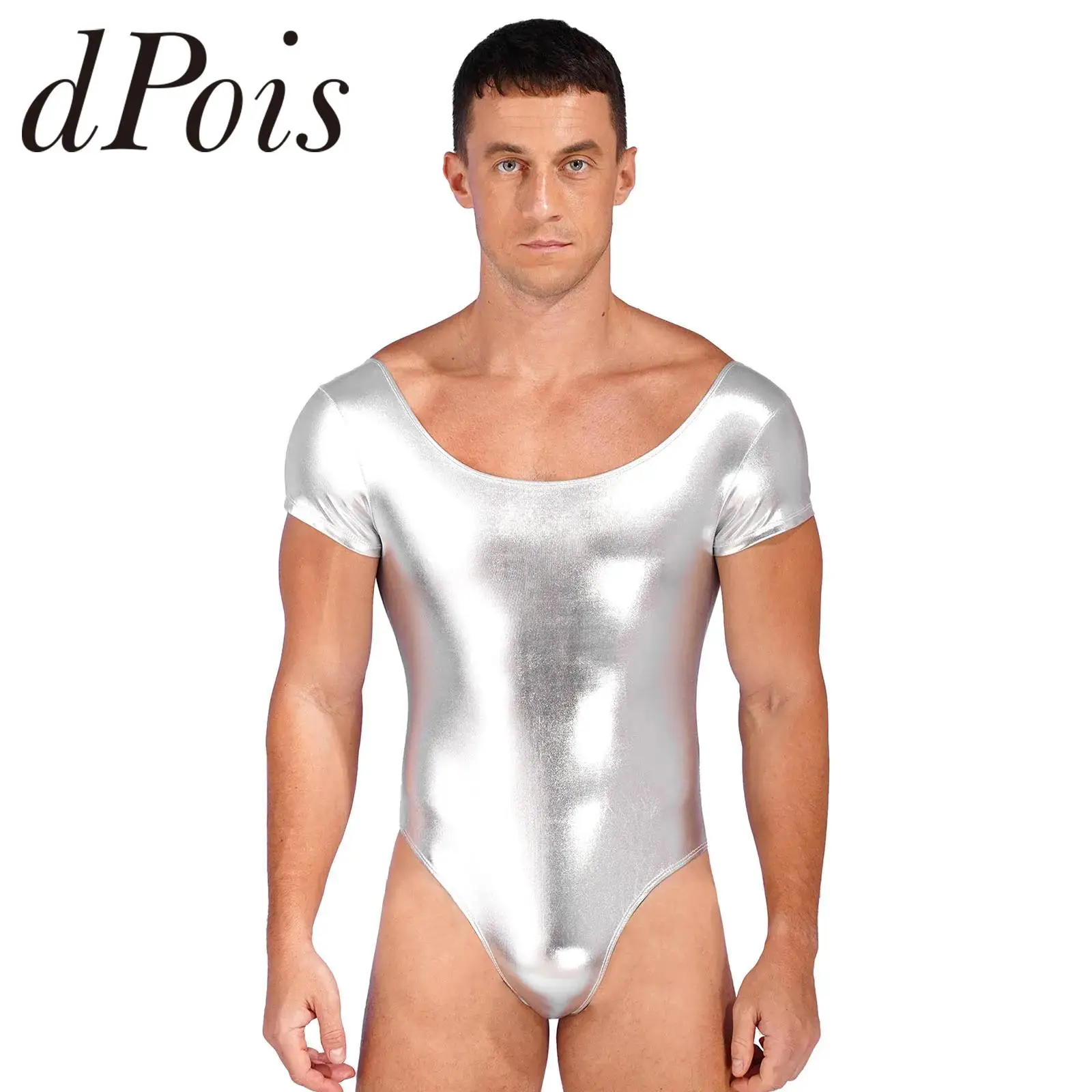 Men Gymnastic Jumpsuit Wetlook Patent Leather Bodysuit Short Sleeve One-piece Fitness Skating Leotard Dancewear Man Swimwear