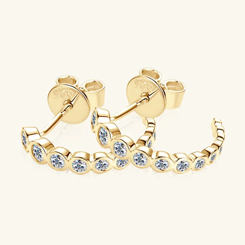 EWYA C Shape 0.38cttw Full Moissanite Stud Earrings for Women Ear Fine Jewelry S925 Silver Plated 18K All Diamond Bezel Earring