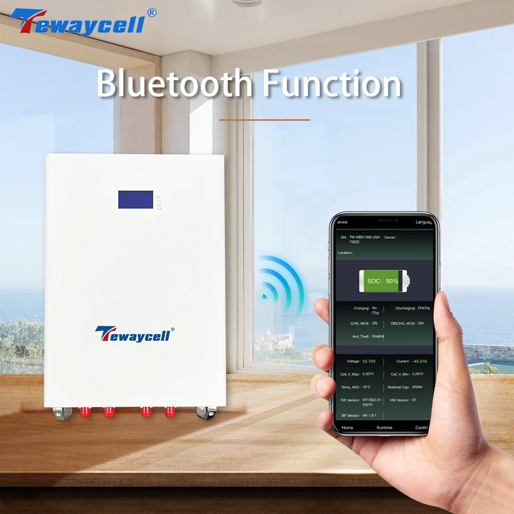 Tewaycell Powerwall 10KWh 48V 51V 200AH LiFePO4 Battery Pack Solar 6000Cycles Buitl-in BMS Bluetooth APP CAN RS485 Monitor NOTAX