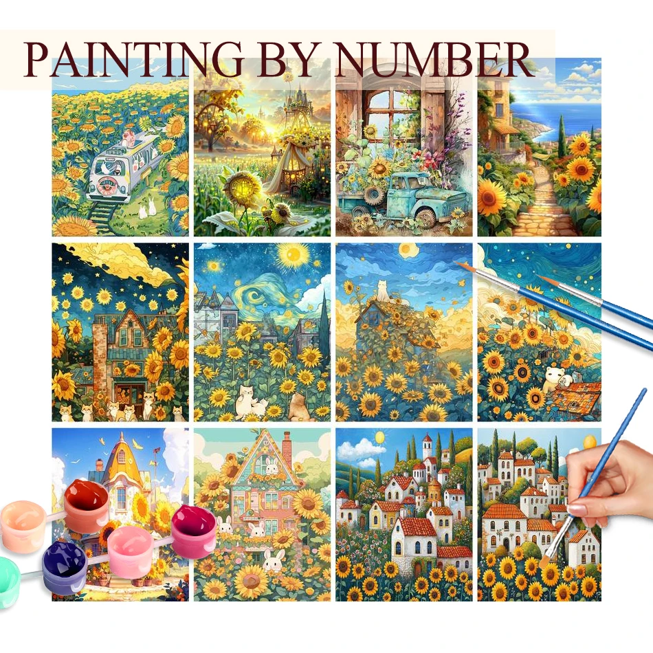 

GATYZTORY Diy Painting By Numbers For Adults Sunflower House Landscape Acrylic Drawing On Canvas Painting Kits For Home Decorati