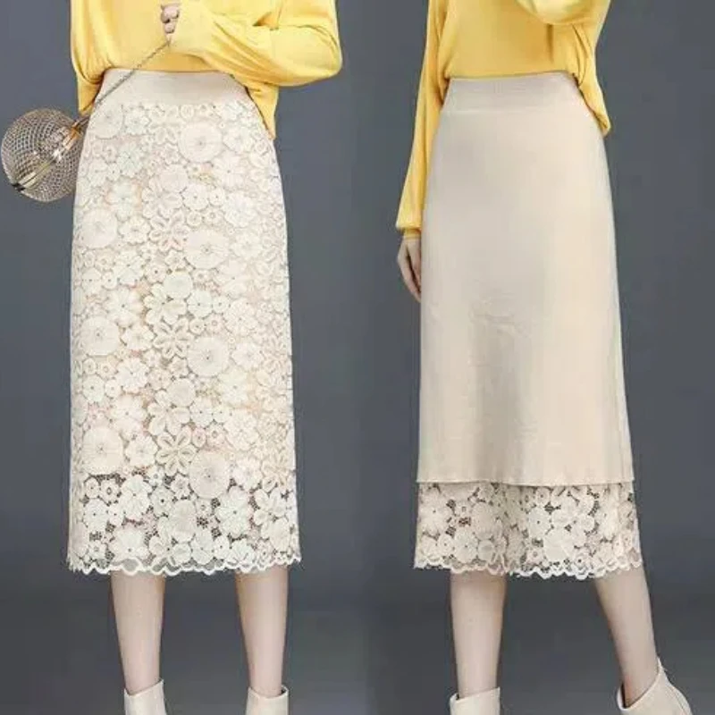 Korean Fashion Autumn/Winter Women's Solid Elastic High Waist Lace Wear on Both Sides Slim Mid-length A-line Knit Hip Wrap Skirt