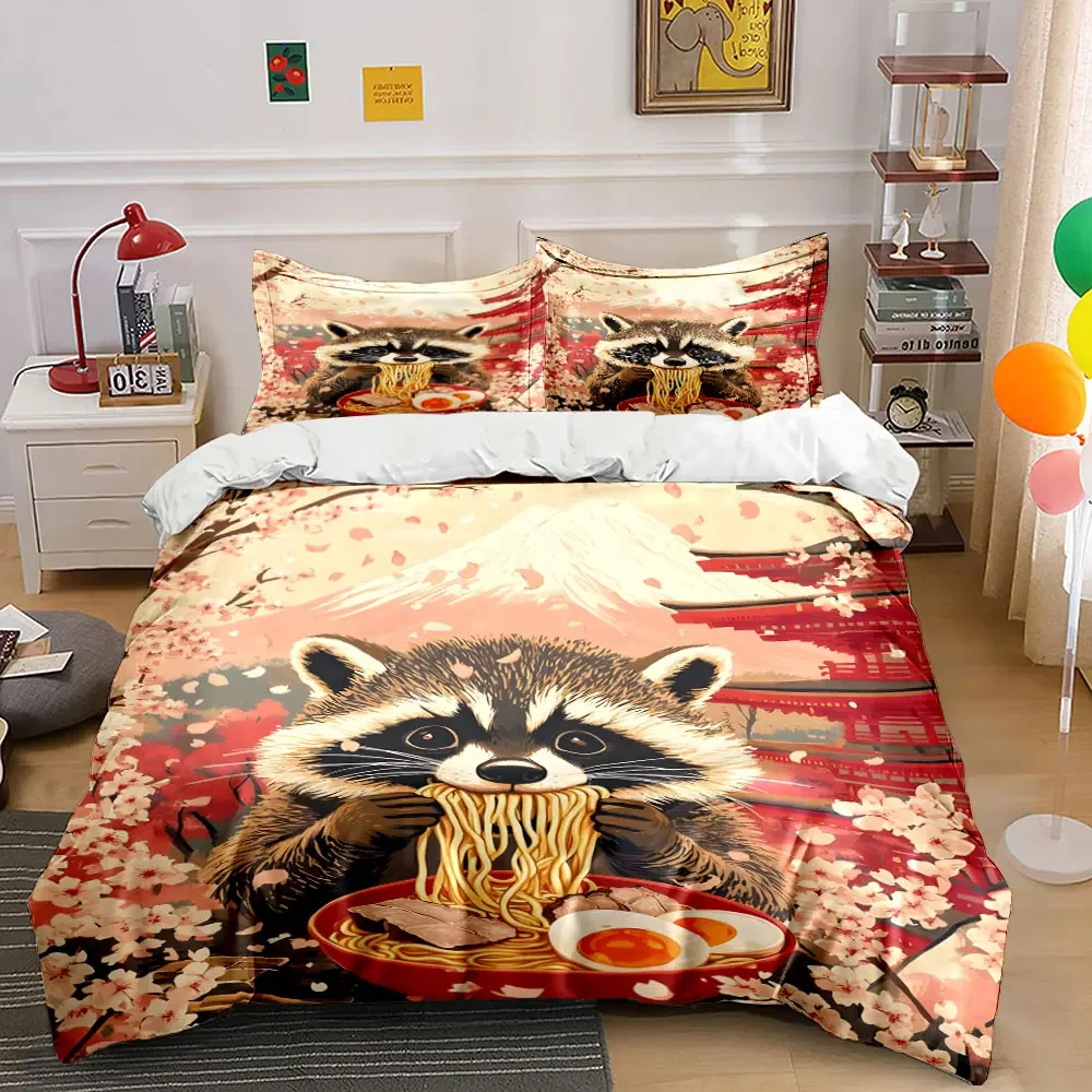 Raccoon Ramen Art Set Decor Soft Comfortable Duvet Cover Bedding Set Included 1*Duvet Cover & 2*Pillowcases, gift