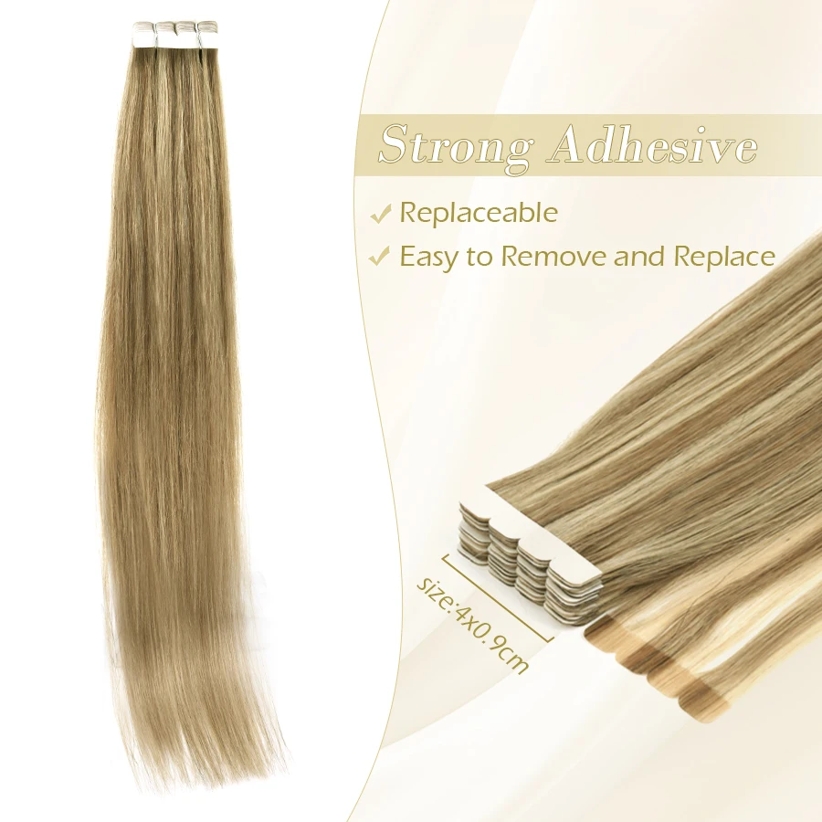 ZURIA-Straight Mini Tape-In Extensões de Cabelo Humano para Mulheres, Trama de Pele Invisível, Adesivo, Perucas Reais 100% Naturais, 12 ", 16", 20"