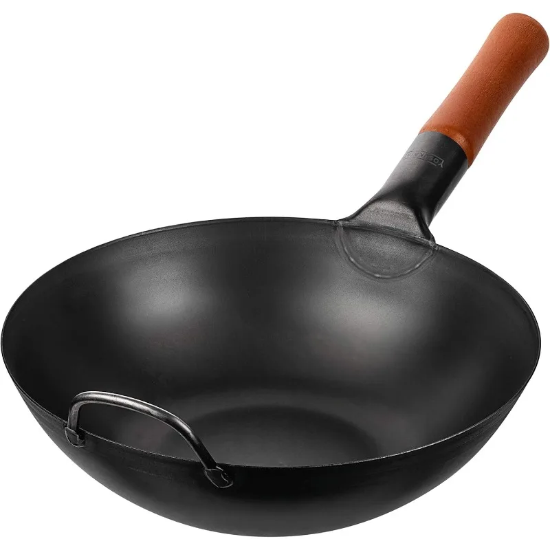 

YOSUKATA Carbon Steel 11.8" Stir Fry Wok Pan - Pre-Seasoned Chinese Wok with Flat Bottom, Black Wok for Induction Gas