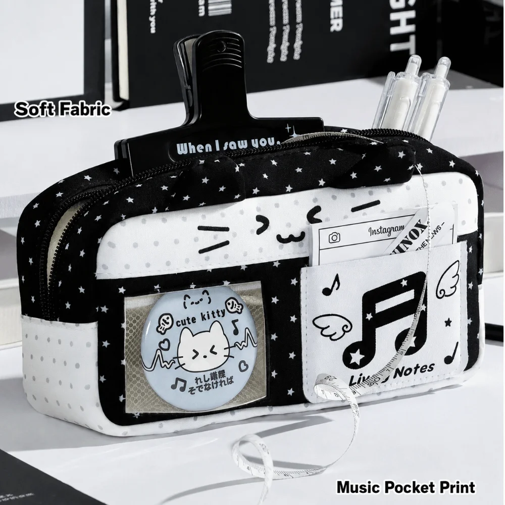 Cat Ear Design Pencil Case Music Note Star Print with Clear Window Pen Bag Multi Compartment Large Capacity Stationery Organizer