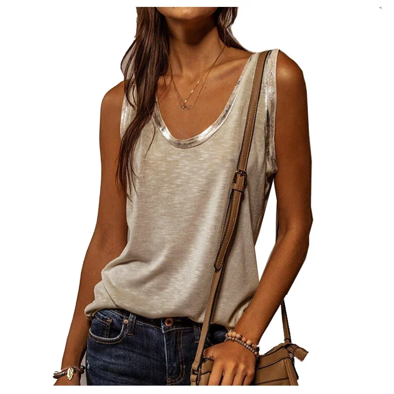 New Summer Contrast Stitching Women Tank Tops O Neck Sleeveless Shirt Women\'s Top Elegant Clothes Summer Loose Tops Women 2024