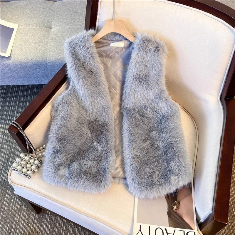 Autumn Winter New Thick Warm Faux Fur Vest Women Black White Gray Short Cardigan Jacket V-Neck Sleeveless Waistcoat Veste Femme