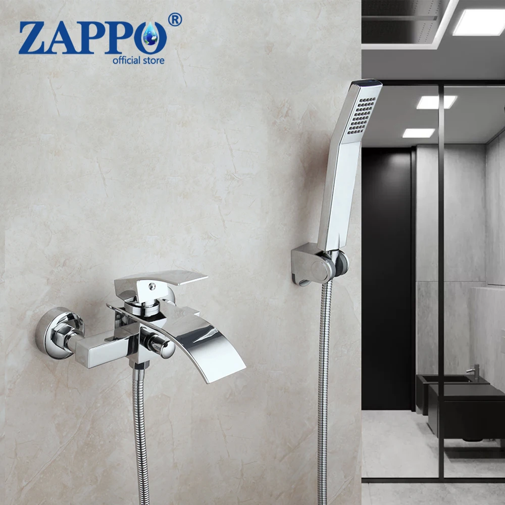 

ZAPPO Chrome Polished Bathroom Bathtub Shower Set Hot Cold Waterfall Mixer Bath Spout Tap W/handheld Shower Faucets Kits