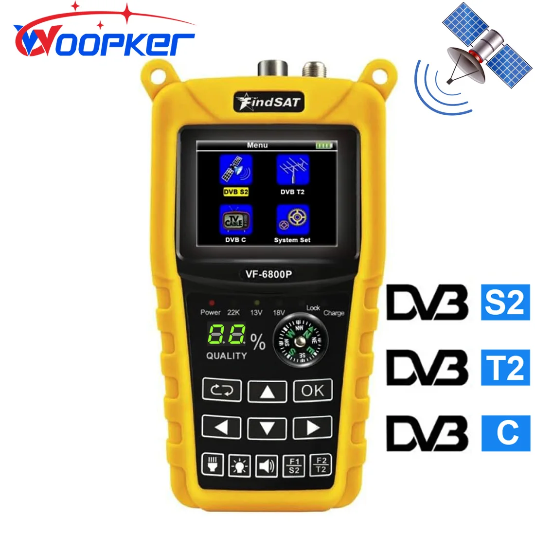 

Woopker Satellite Finder VF 6800P Support DVB-T2/DVB S2/DVB C Sat Finder Meter TV Receiver DVB T2 Tuner HD Digital Satfinder