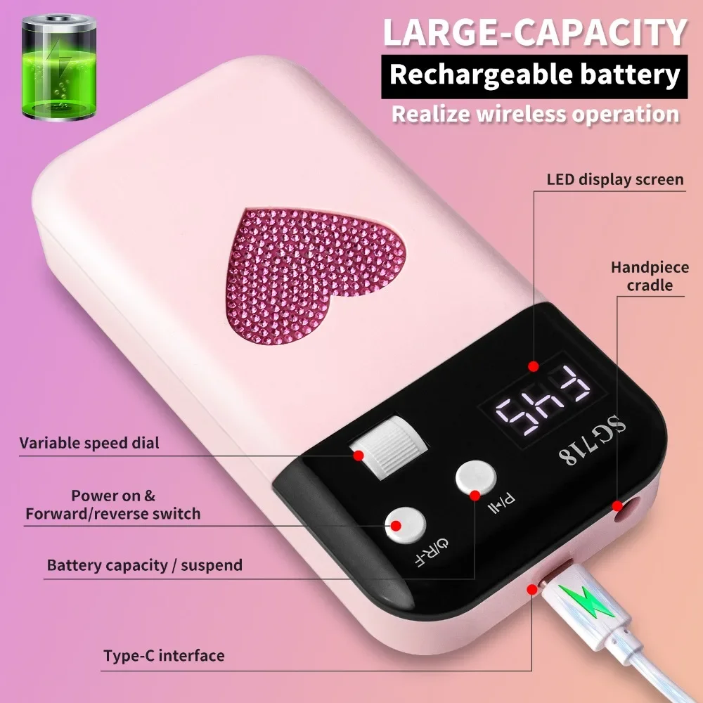 Perceuse à ongles électrique professionnelle 45000 tr/min, lime à ongles Rechargeable, ponceuse à ongles à faible bruit pour outil de Salon de polissage des ongles