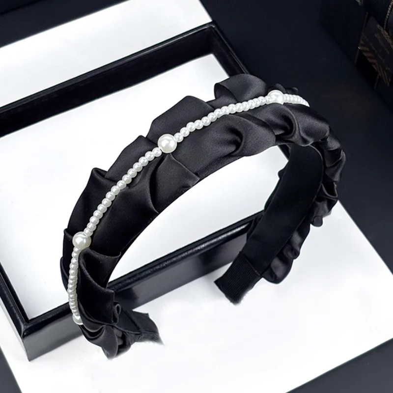 

French Retro Pearl Silk Headband Hair Bands Handmade Pleated Hair Hoop Headband Women Hair Clip Outdoor Hair Accessories
