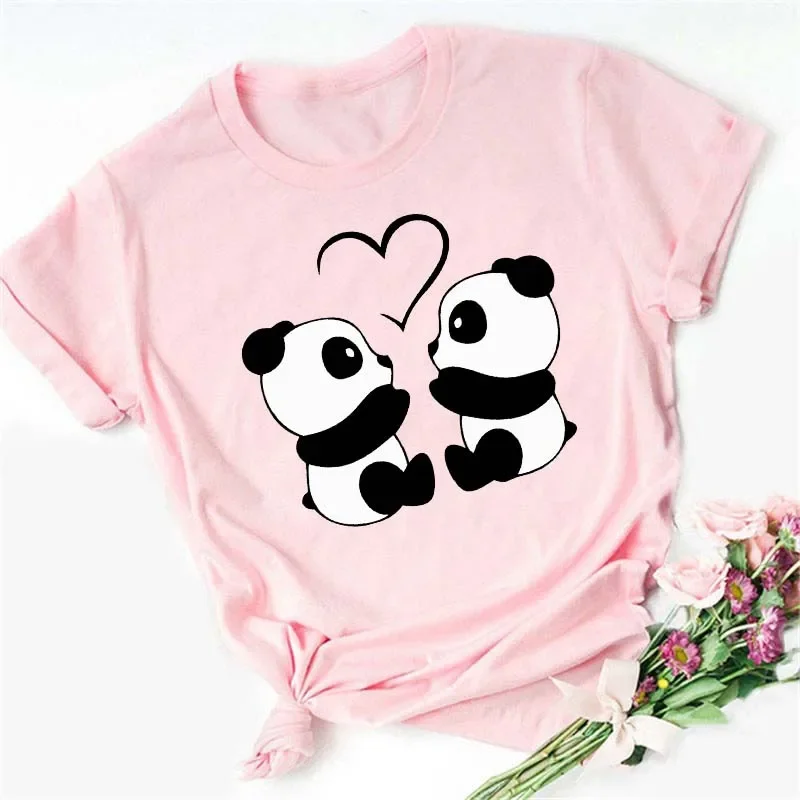 Maycaur Summer Women T Shirt Loose Tops Cute Panda Heart Print Short Sleeve Female Loose Casual T-shirt Ladies Top Tee