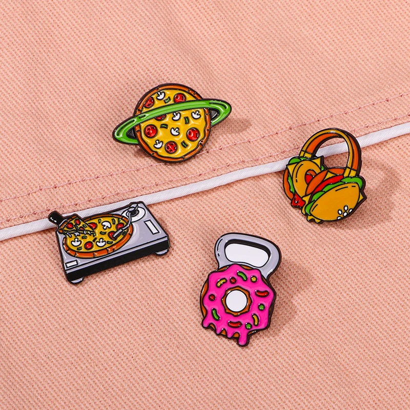 Kitchen Food Collection Hard Enamel Pins Personality Pizza Earth Burger Earbuds Donut Bottle Opener Shaped Brooches