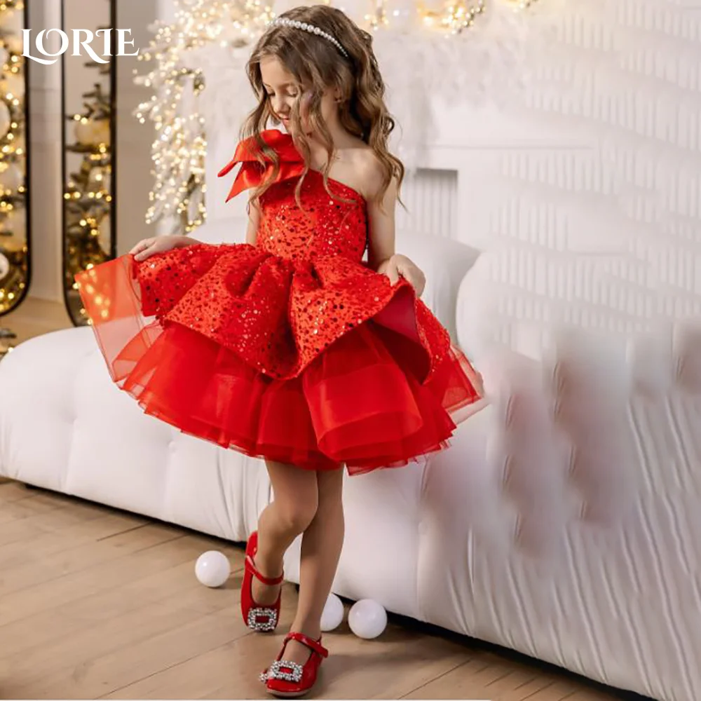 LORIE Girl Peony 3D flores encaje espalda A-Line recto brillante lentejuelas tul fiesta vestido de niña de las flores Csflores personalizadas vestido de niñas