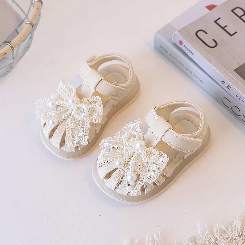 

Toddler Kids Sandals with Sweet Lace Bows Girls Princess Shoes T-strap 2025 Summer New Baby Walking Shoes Beading Soft Sole