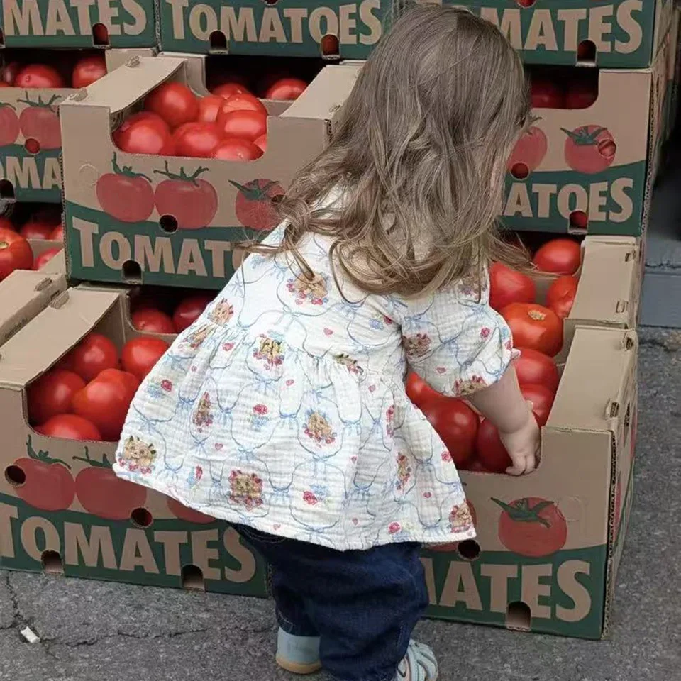 Vestido para meninas 2025 outono nova chegada impresso moda vestido infantil puro algodão bonito colarinho jaqueta jeans calças de perna reta