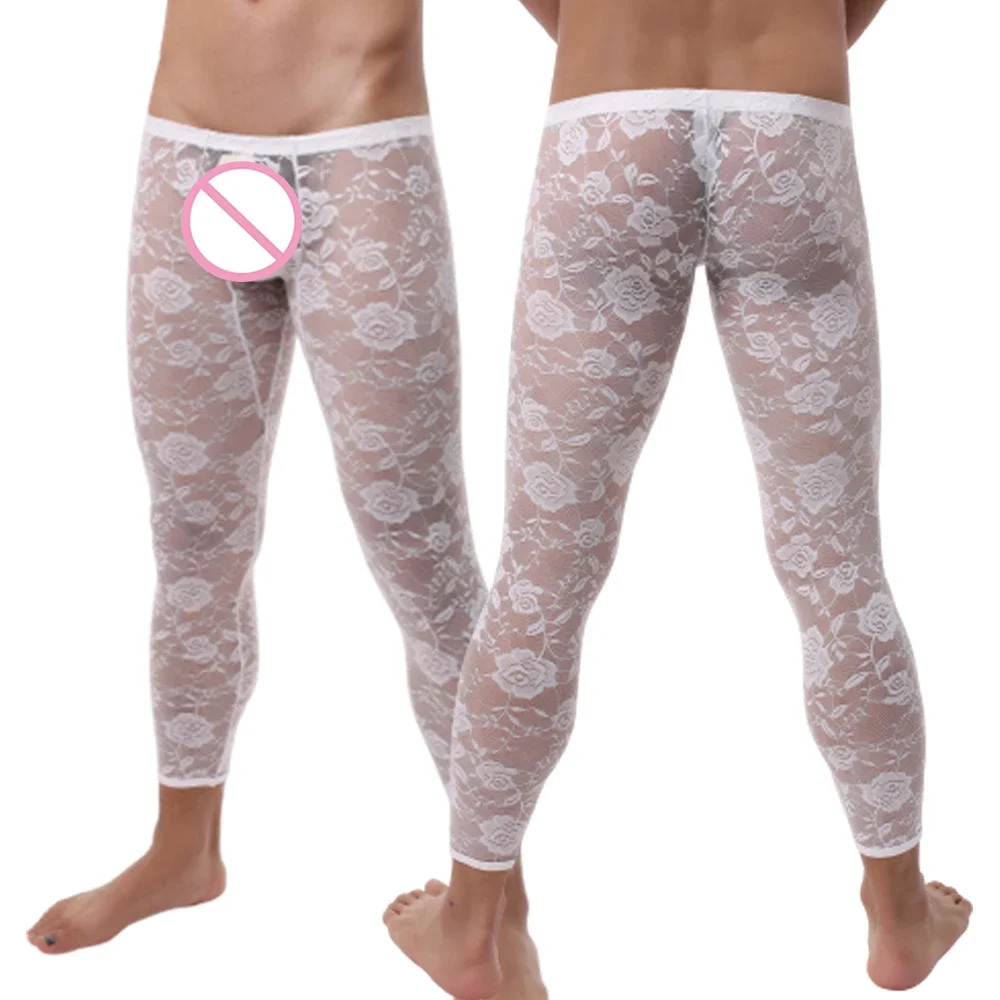 

Леггинсы мужские прозрачные с цветочным принтом, пикантные кружевные облегающие длинные брюки, гей-трусы с выпуклой сумкой