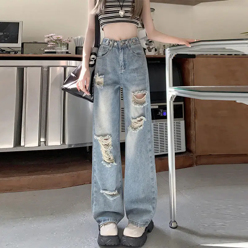 

Тонкие джинсы с регулируемой талией, женские широкие брюки длиной до пола с высокой талией, летние повседневные прямые рваные брюки