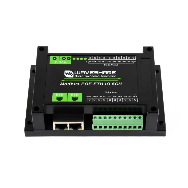 Waveshare Modbus POE ETH IO 8CH,Industrial 8-Ch Ethernet Digital Input/Output Module, Modbus RTU / TCP Protocol,Supports PoE