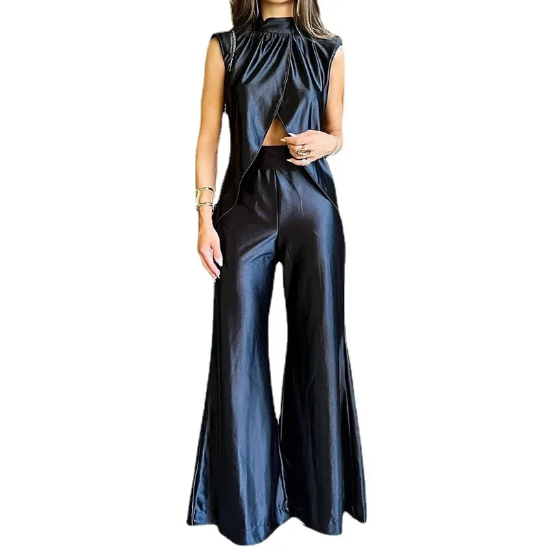 Women Wide Leg Pants Set Vest Sleeveless Top & Cuffed Pant Sets Cross Two Piece Suit Shirt Y2k Tops Midi Waist Trousers Suits