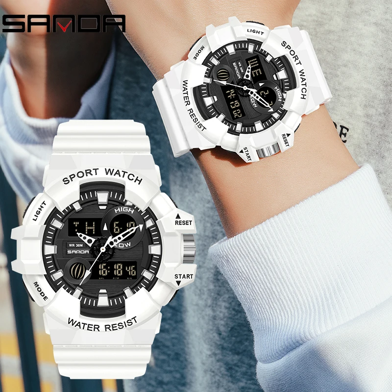 SANDA White Sports Men\'s Watches Top Brand Luxury Military Quartz Watch Waterproof Men Electron Wristwatches relogio masculino