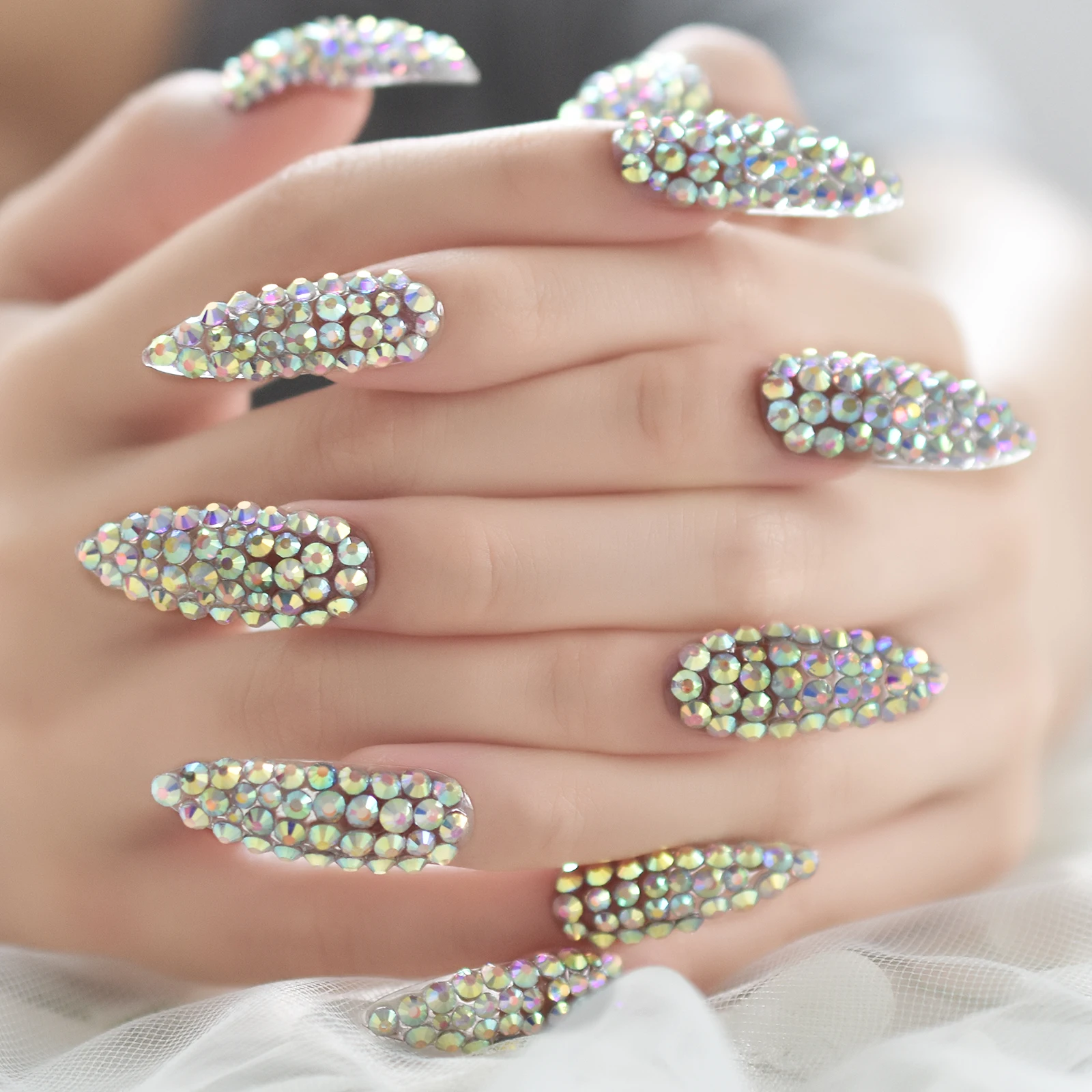 Volle Abdeckung 3D Strass Falsche Nägel Extra Lange Stiletto Künstliche Nägel Drücken Sie auf Nägel Luxus Salon Maniküre DIY Wiederverwendbare Nagelspitzen